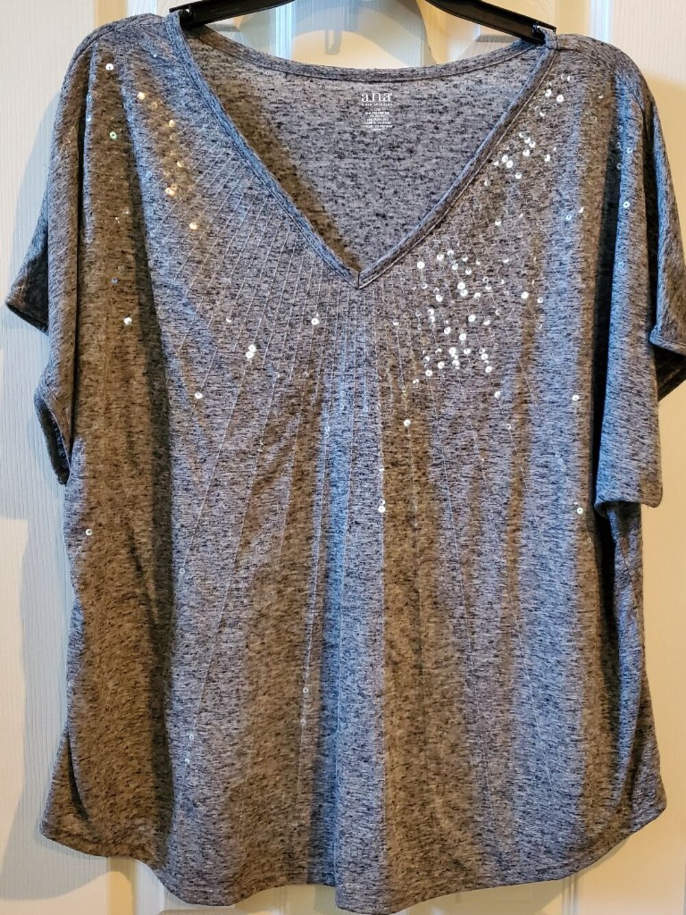 V-Neck Heather Grey sequined tee w/Cap Sleeves